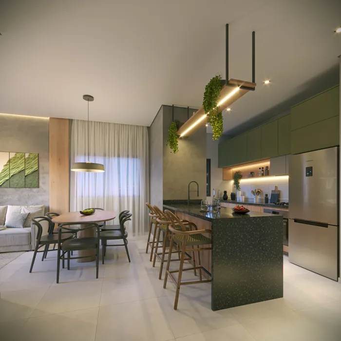 Edifício Pedra Azul — cozinha integrada à sala de jantar